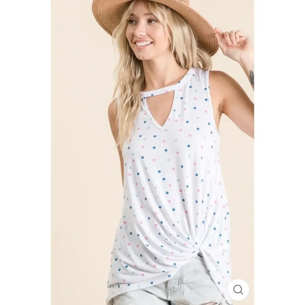 Polka Dot Twisted Hem Keyhole Tank - Picture 7 of 8